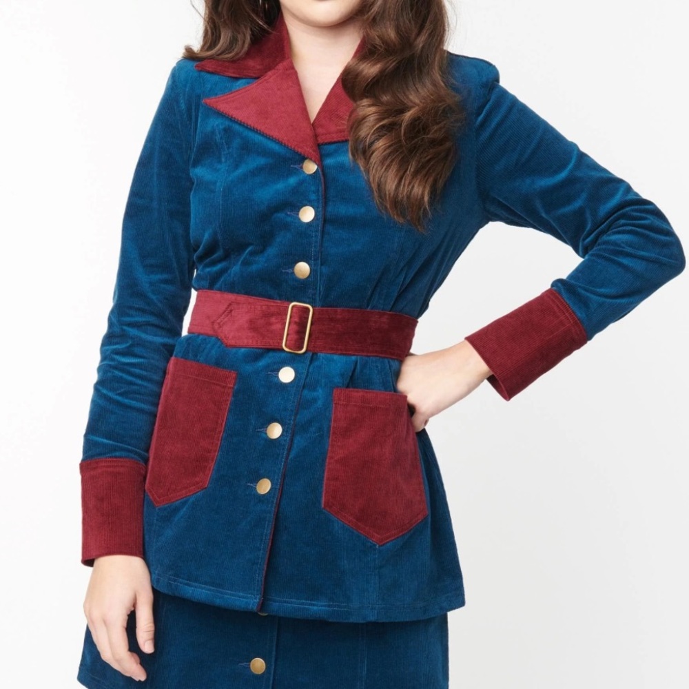 Vintage-Inspired Blue & Burgundy Corduroy Belted Jacket by Smak Parlour